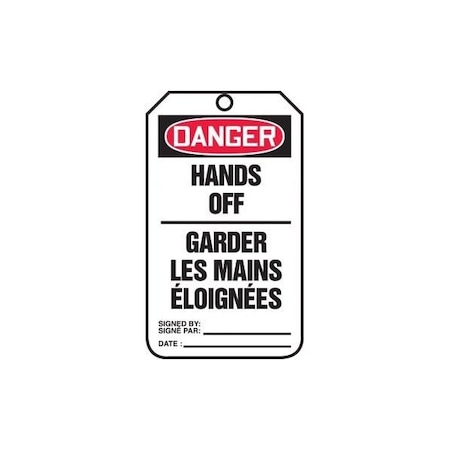 Accuform French Bilingual Safety Tags, DANGER HANDS OFF, 5.75in x 3.25in, PF-Cardstock, 25PK TCF117CTP